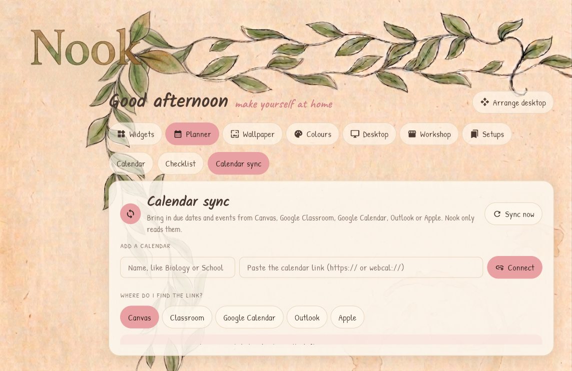 The Calendar sync page in the Nook window