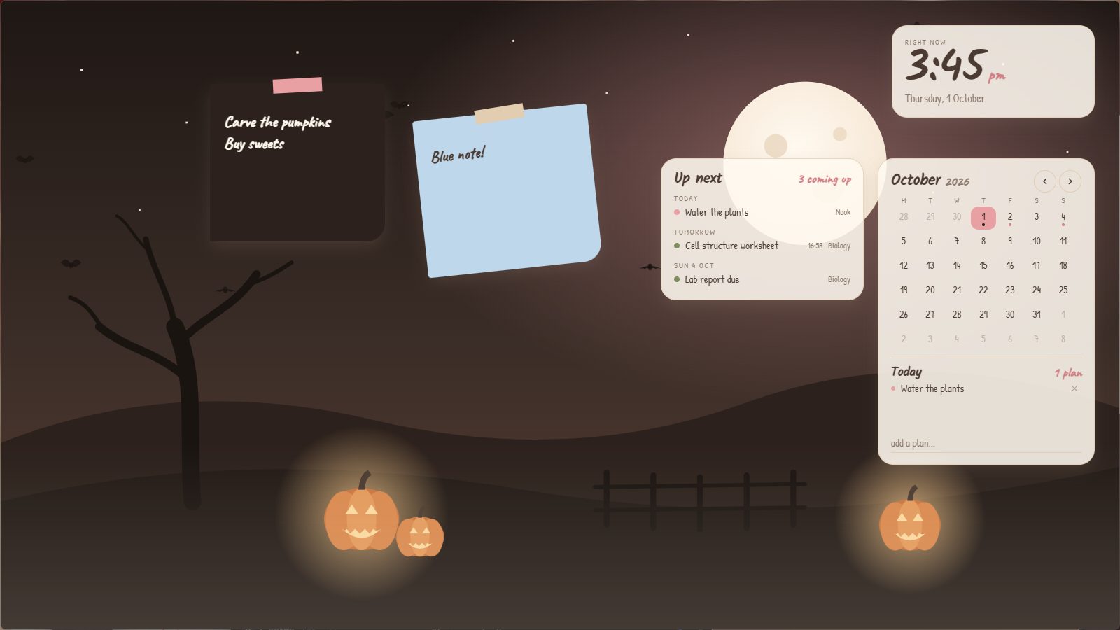 A Windows desktop with the Halloween night wallpaper, sticky notes, an Up next list, a clock and a calendar